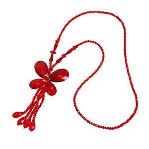 Large red butterfly pendant necklace with tassel made wilth all red glass beads